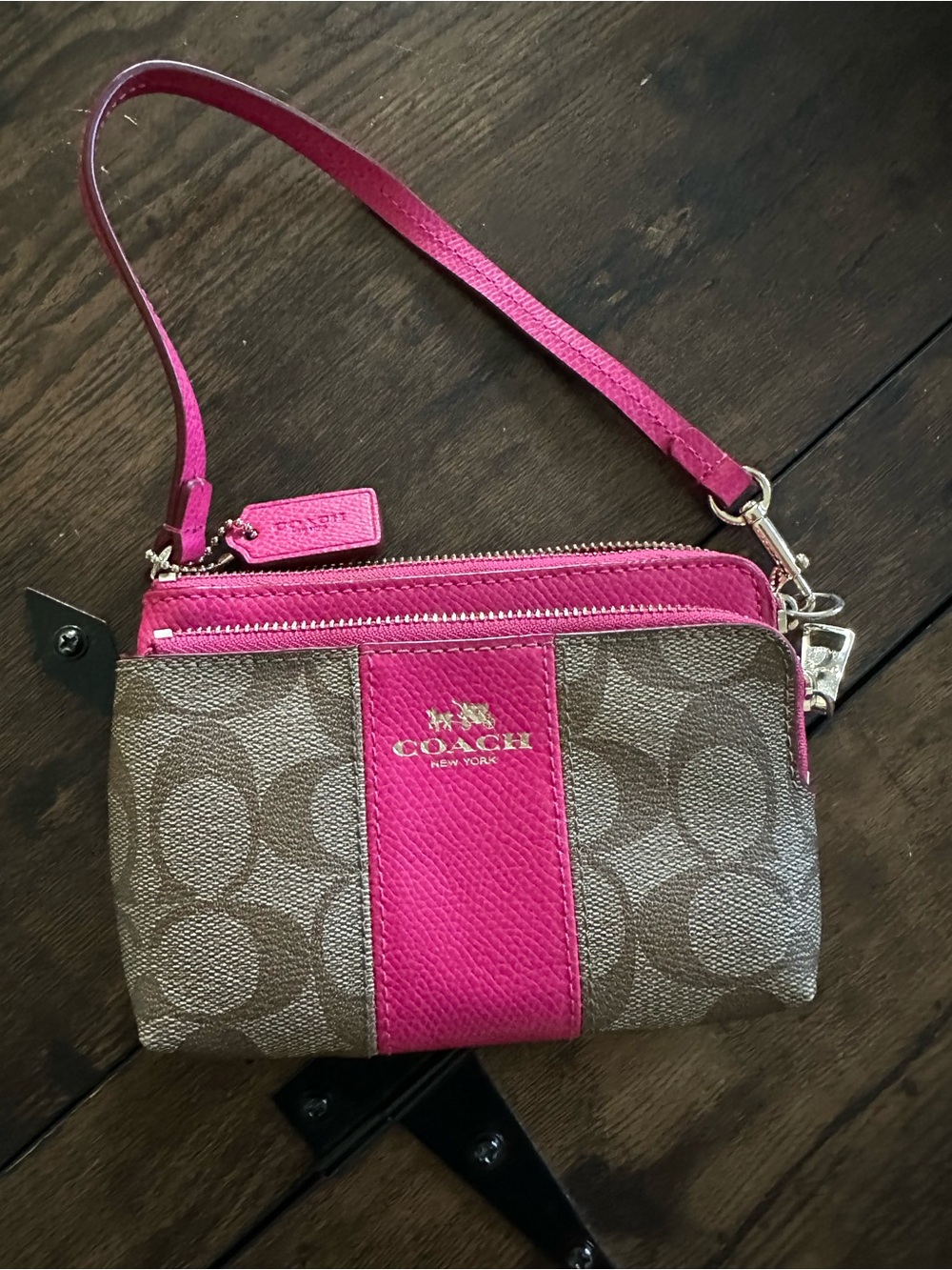 Coach Pink and Brown Signature Strip Wristlet
